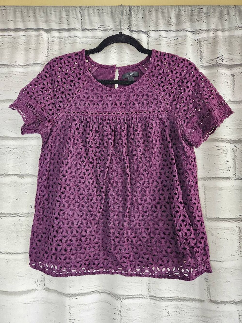 J Crew Eyelet Scalloped Lined Blouse Shirt Purple Womens Size 8 Work Casual